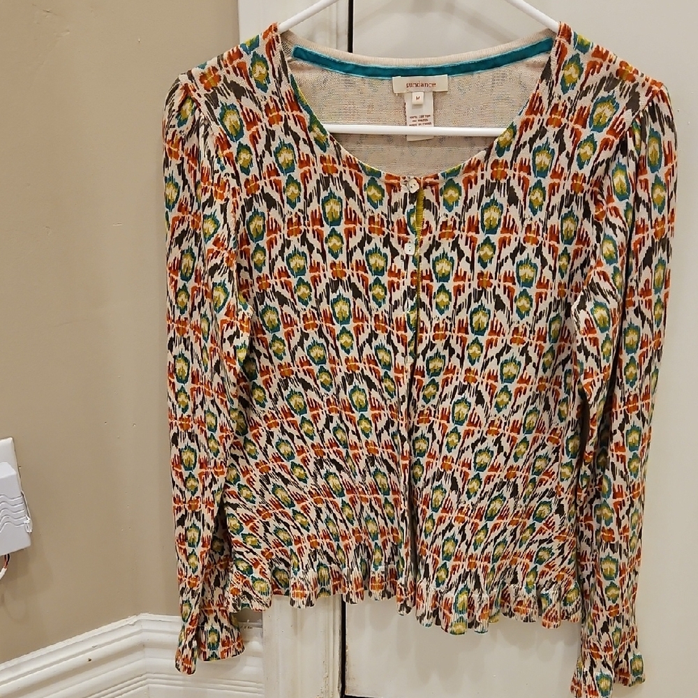 Sundance Cream Multicolor Ikat-Print Long Sleeve Cardigan With Ruffle Detail